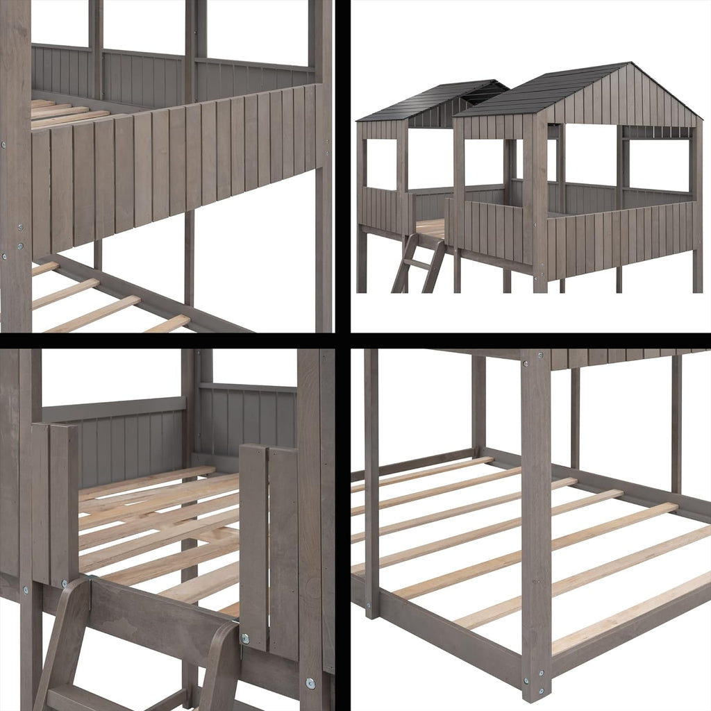 Full Over Full Wooden House Bunk Bed with Roof and Guard Rail, Antique Gray X7490