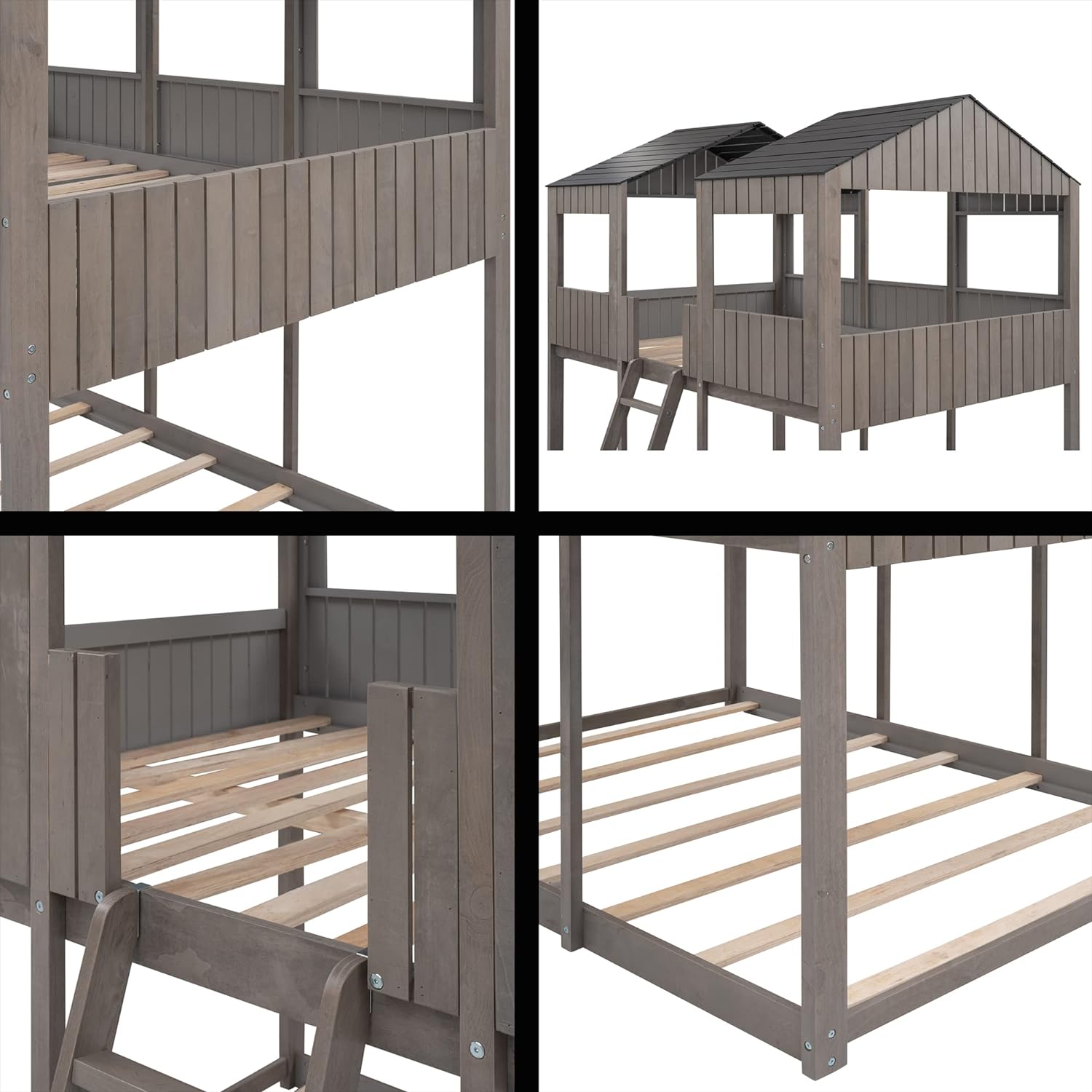 Full Over Full Wooden House Bunk Bed with Roof and Guard Rail, Antique Gray X7490