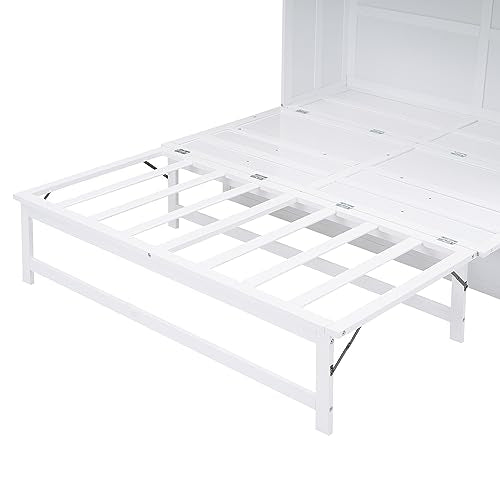 Queen Size Murphy Bed with Bookcase and Drawer, White Q904