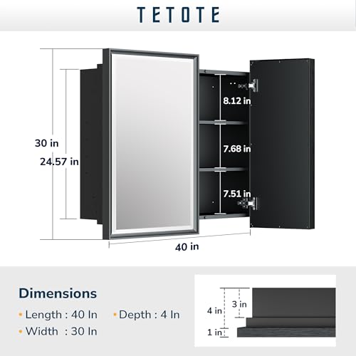 TETOTE 40x30 Inch Silver Framed Bathroom Medicine Cabinet with Mirror Q51273