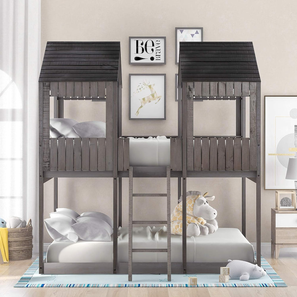 Full Over Full Wooden House Bunk Bed with Roof and Guard Rail, Antique Gray X7490