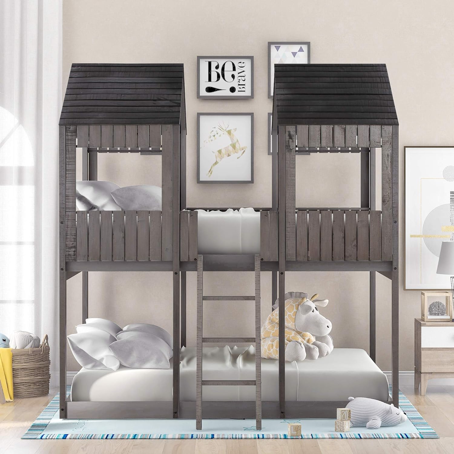 Full Over Full Wooden House Bunk Bed with Roof and Guard Rail, Antique Gray X7490