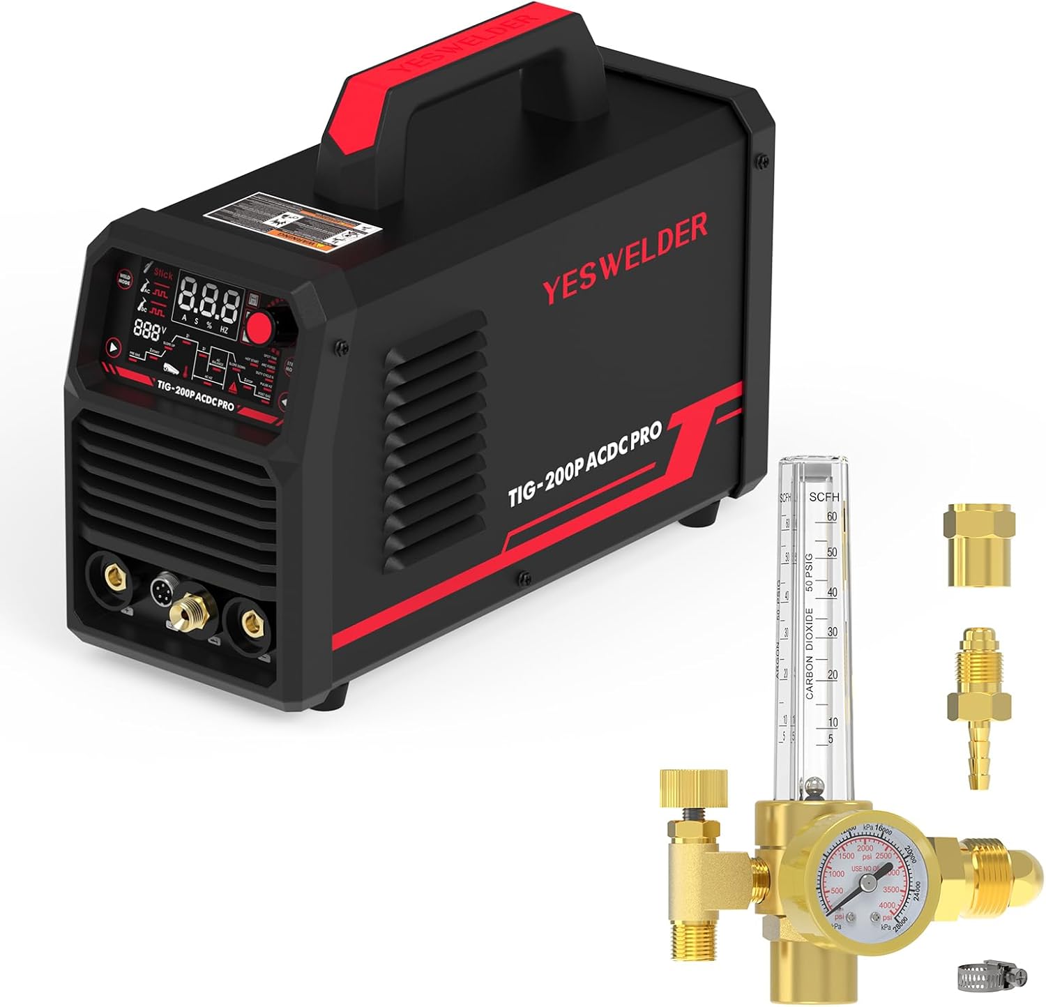 YESWELDER 200A AC/DC Aluminum Tig Welder with Pulse Large LED Display, Digital Inverter STICK/TIG 110/220V Dual Voltage & Argon/CO2 Mig Tig Flow Meter Gas Regulator Gauge Welding Weld