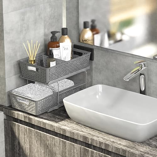 Simple Houseware 2 Tier Pull-Out Bathroom Organizer Tray, Brown B366917