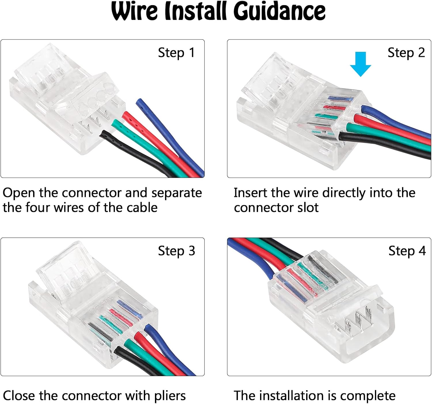 SUPERNIGHT 4 Pin LED Connector for 10mm RGB 5050 LED Strip Lights with Extension Cable P335594
