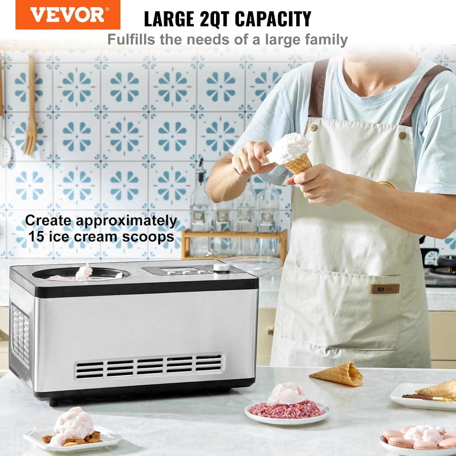 VEVOR Automatic Ice Cream Maker with Built-in Compressor, 2 Quart, Stainless Steel A17990