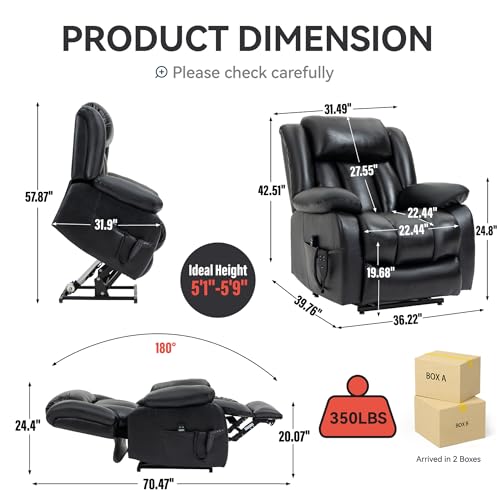 Dual Motor Electric Power Lift Recliner Chair with Vibration Massage, Genuine Leather, Black A6501