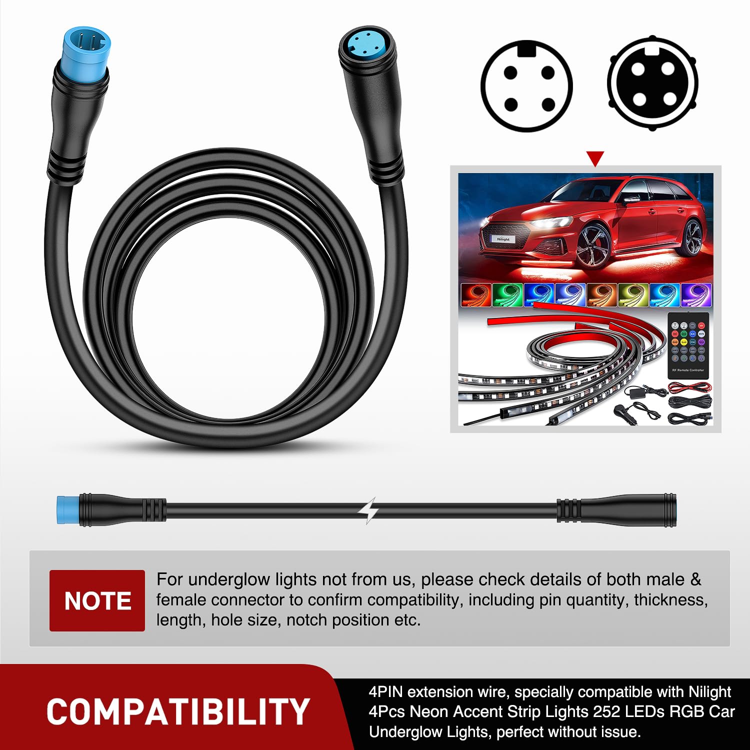 Nilight 2 Pack 5FT 4 Pin Extension Cable for Car Underglow Lights A6443