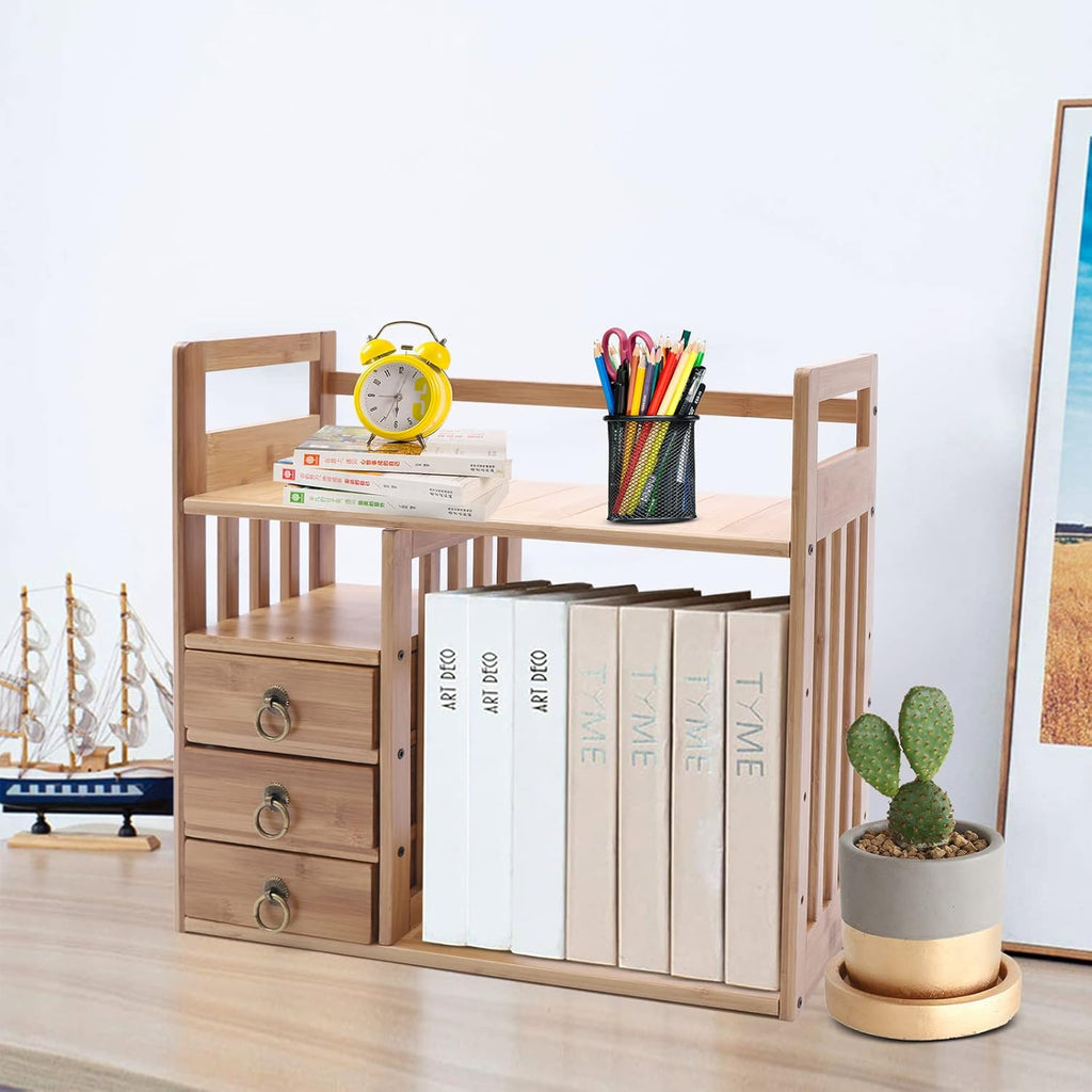 Bamboo Desk Shelf Organizer with 3 Drawers, Natural V13178