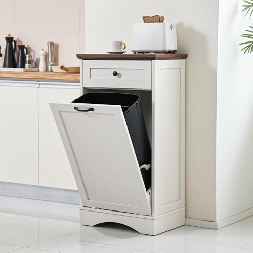 Tilt Out Trash Can Cabinet Freestanding Wood Garbage Recycling Cabinet with Hideaway Drawer, White C828
