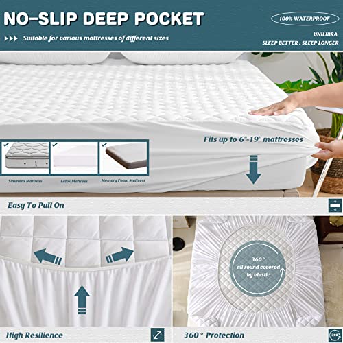 UNILIBRA Queen Size Waterproof Bamboo Cooling Mattress Protector, Deep Pocket, White C141
