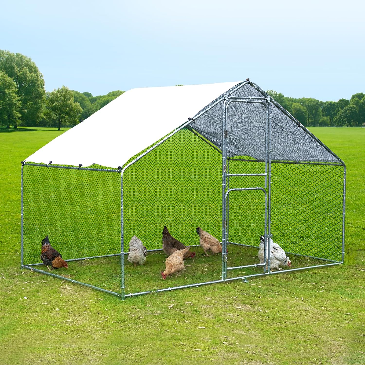 Large Metal Chicken Coop Walk-in Poultry Cage with Water-Resistant Anti-UV Cover Z17130