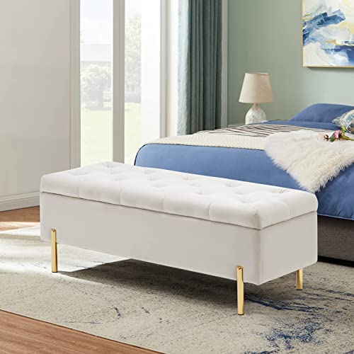 Velvet Storage Bench Ottoman with Soft Close Lid, End of Bed Bench Upholstered Fabric Storage Ottoman Bench for Bedroom Entryway Living Room, Grey