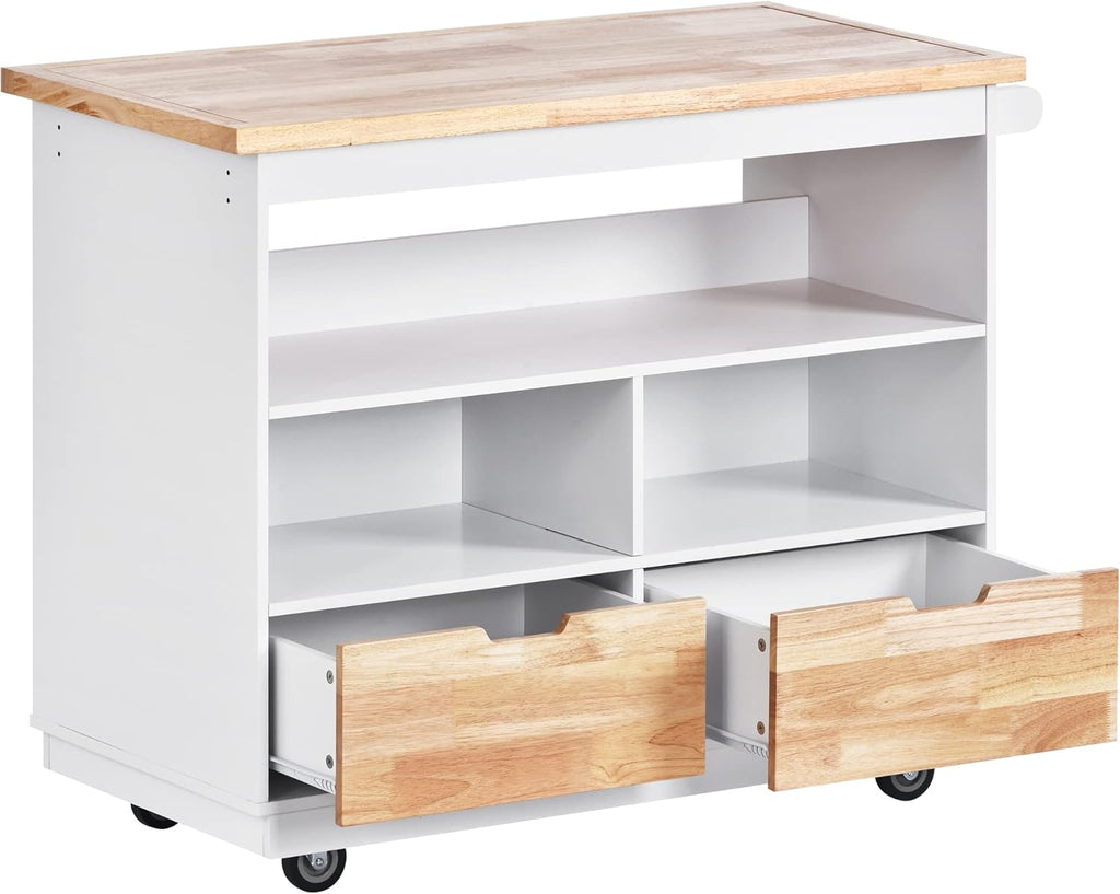 Rolling Kitchen Island Cart with Storage, Rubberwood Top, White U170114