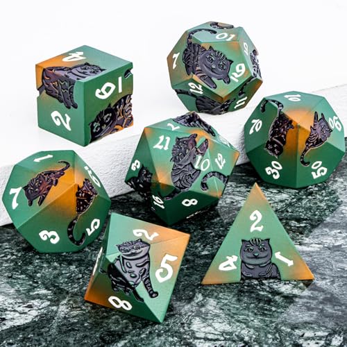 Metal DND Cat Dice 7PCS Polyhedral RPG Dice Set with Gift Case B373640