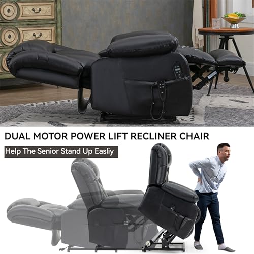 Dual Motor Electric Power Lift Recliner Chair with Vibration Massage, Genuine Leather, Black A6501