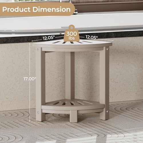 Corner Shower Stool with Storage Shelf, HDPE Waterproof Shower Bench Seat, White W9884