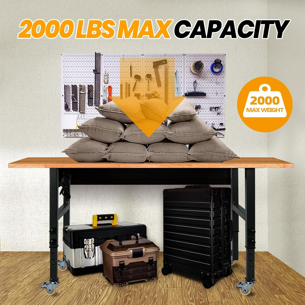 60" Adjustable Work Bench with Rubber Wood Top, Power Outlet & Wheels P226991