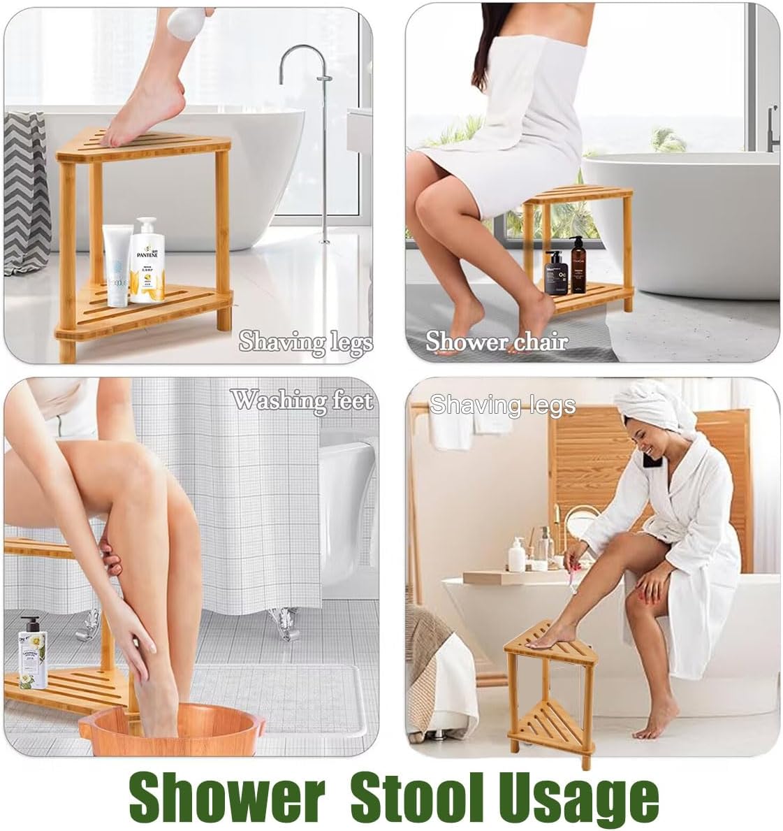 Bamboo Corner Shower Stool with Storage Shelf T806937