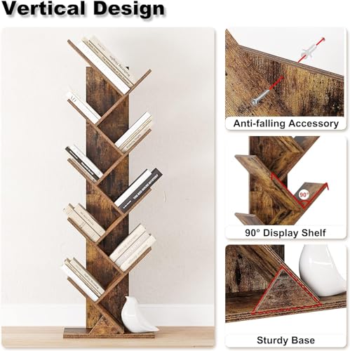 Function Home 9 Tier Tree Bookshelf, Modern Geometric Bookcase, Rustic Brown D254
