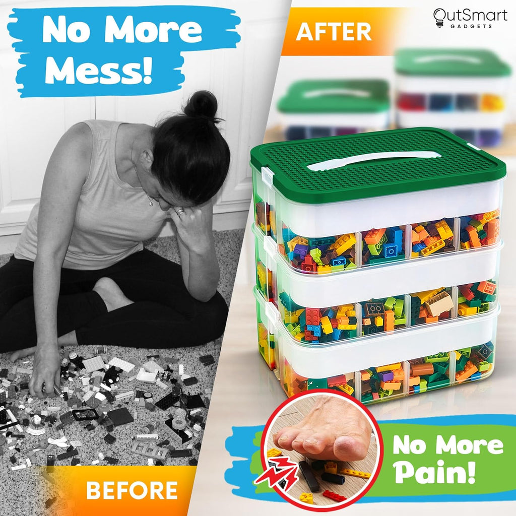 Plastic Stackable Toy Storage Organizer Bin with Adjustable Compartments, ABC Stickers and 2 Lids Included V1011