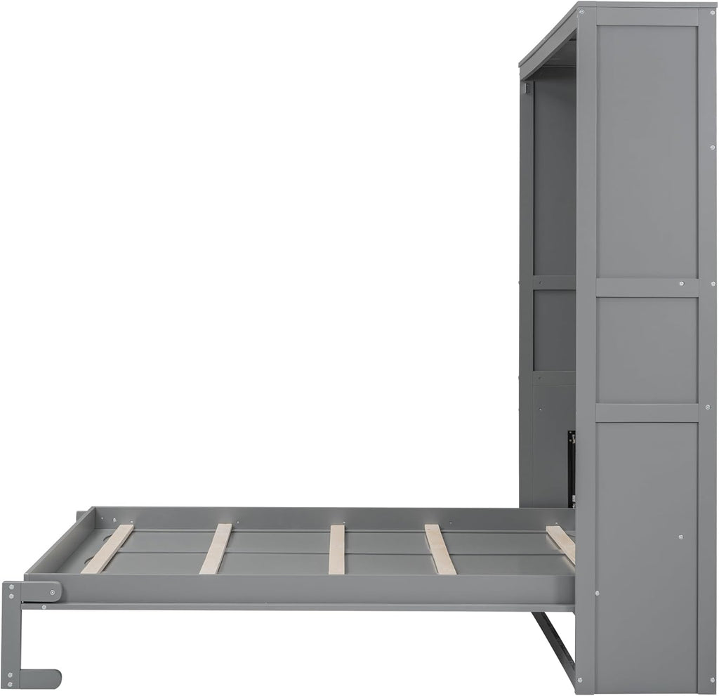 Queen Size Murphy Bed with Shelves, Wall Bed for Small Spaces, Gray H580