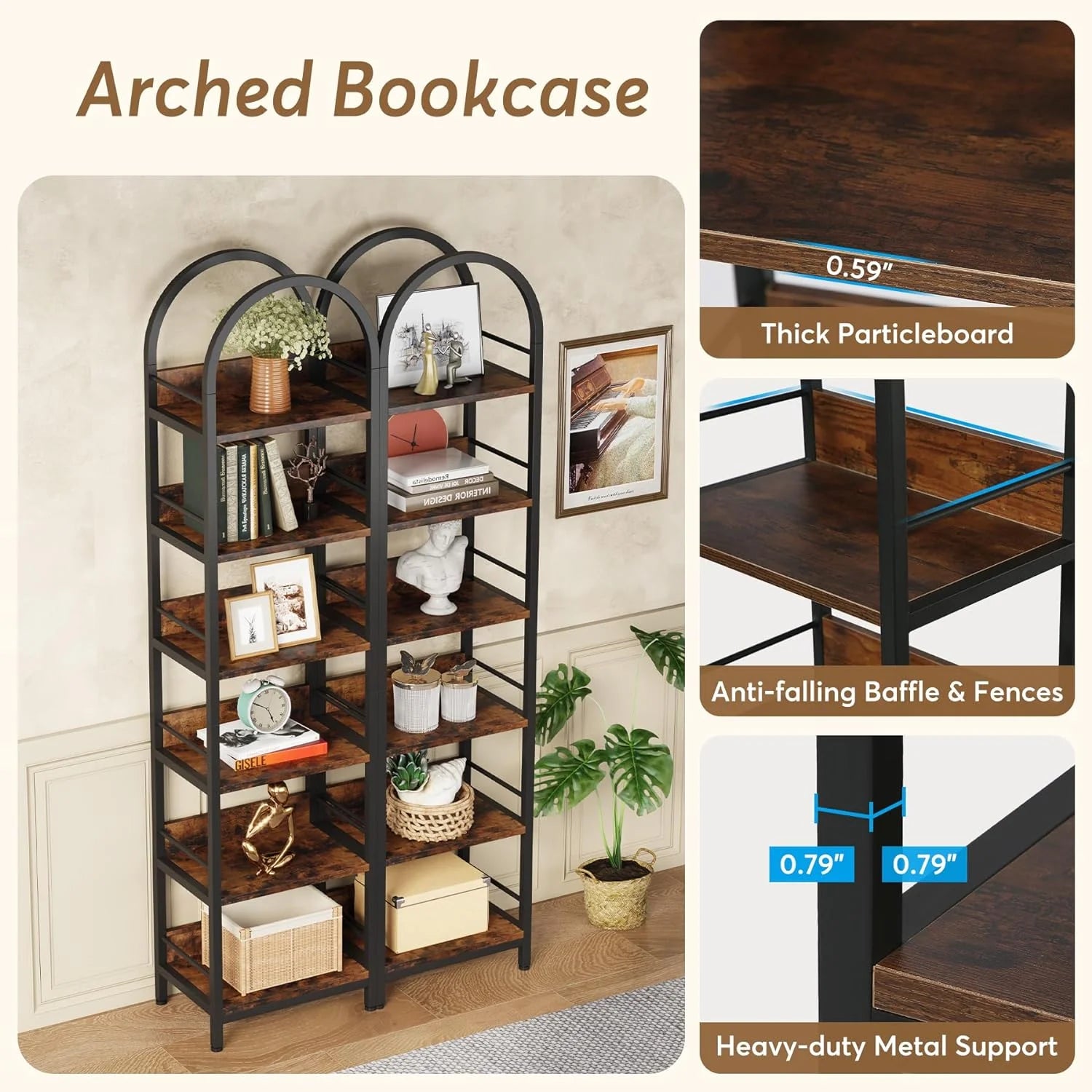 Tribesigns 6-Tier Open Bookshelf, Arched Bookcase with Metal Frame, Rustic Brown K166