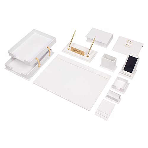 Leather Desk Set-Desk Office Accessories-Office Organizer- Home Office Accessories - Desk Supplies - Desk Storage Organizer -Desk Pad-Storage-14 Pieces -14 PCS(WHITE)