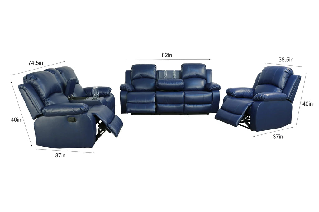 Ainehome Recliner Sofa & Loveseat Set with Drop Down Table, Blue Bonded Leather W980549