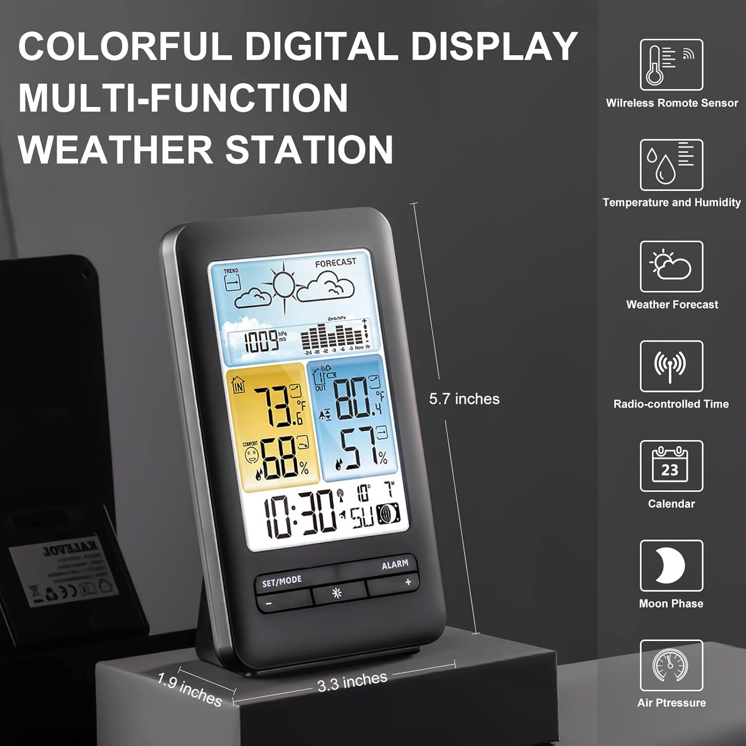 Wireless Indoor Outdoor Weather Station with Color Display, Thermometer, Humidity Monitor, Atomic Clock M97238