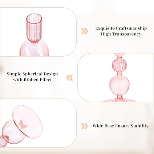Glasseam Pink Glass Candlestick Holder Set of 3 for Table Centerpiece S2250