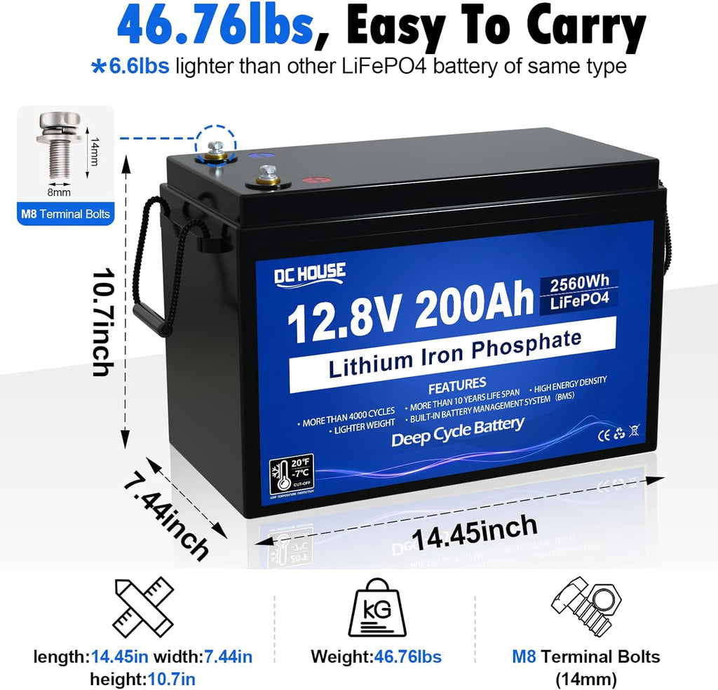 DC HOUSE 12V 200Ah LiFePO4 Deep Cycle Battery with 200A BMS X526