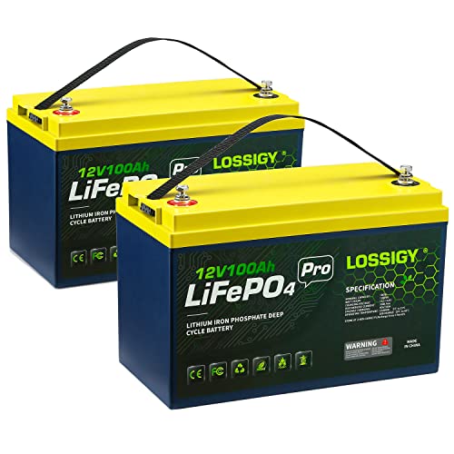 LOSSIGY 12V 100Ah Lifepo4 Lithium Battery, 1280WH with 100A BMS, Perfect for 24V Trolling Motor, Home Energy Stroage, RV, Solar System, Off-Grid(2 pack)