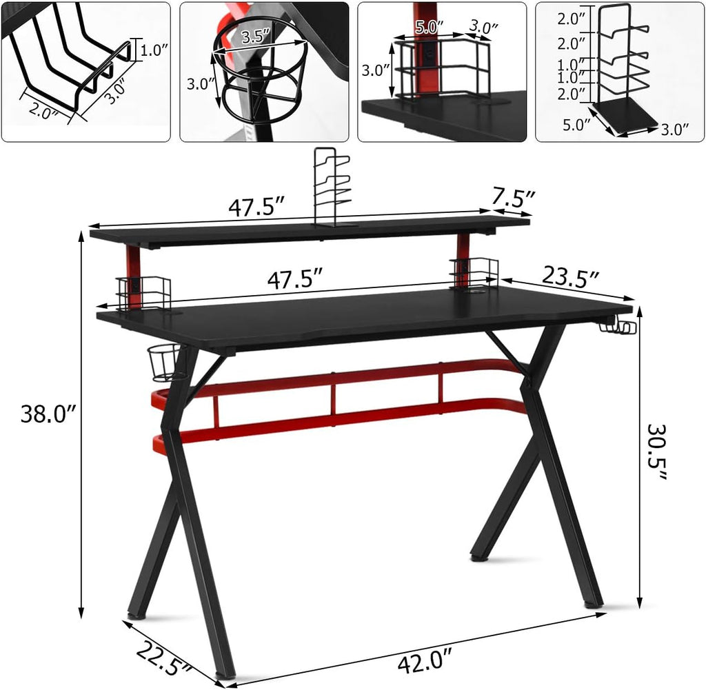 POWERSTONE Gaming Desk 47.5" with Monitor Shelf, Cup & Headphone Holders V324250