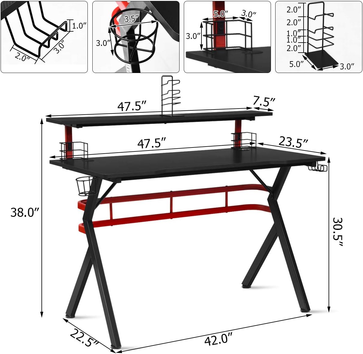 POWERSTONE Gaming Desk 47.5" with Monitor Shelf, Cup & Headphone Holders V324250