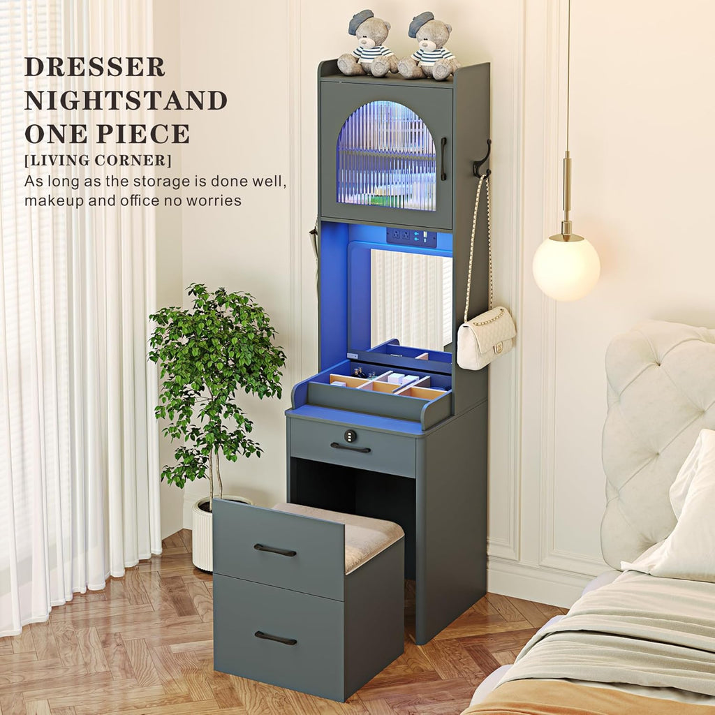 Vanity Desk with Mirror and Lights, Locking Drawers, Charging Station, Grey B88209