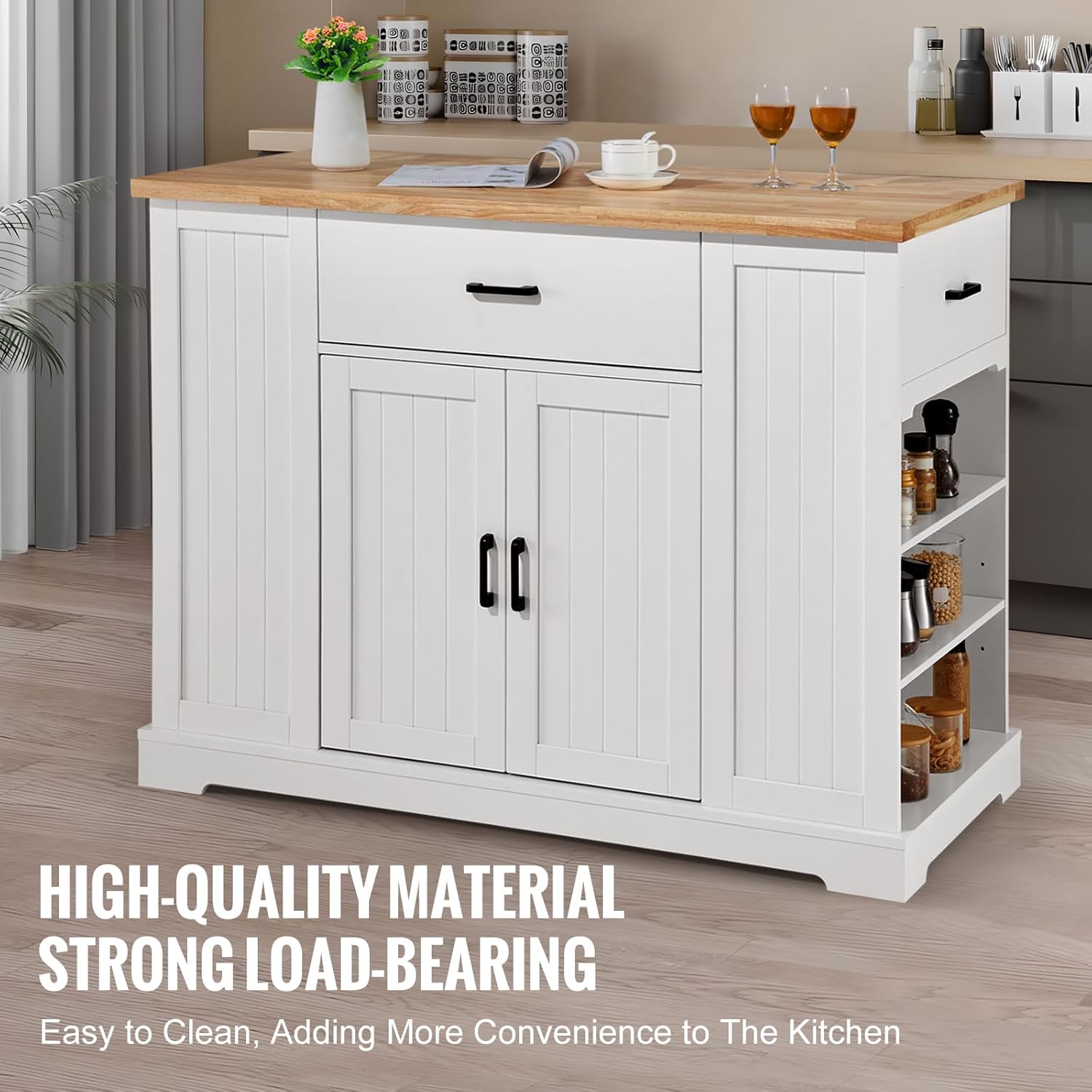 VEVOR Kitchen Island Cart 46" Wood Top Breakfast Bar with Storage Cabinet W280262