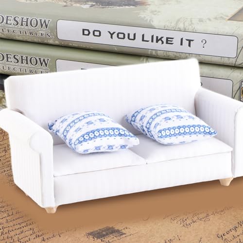 Miniature Sofa Set for 1/12 Dollhouse Living Room, Wooden 2-Seat with Blue Flower Cushion A4869