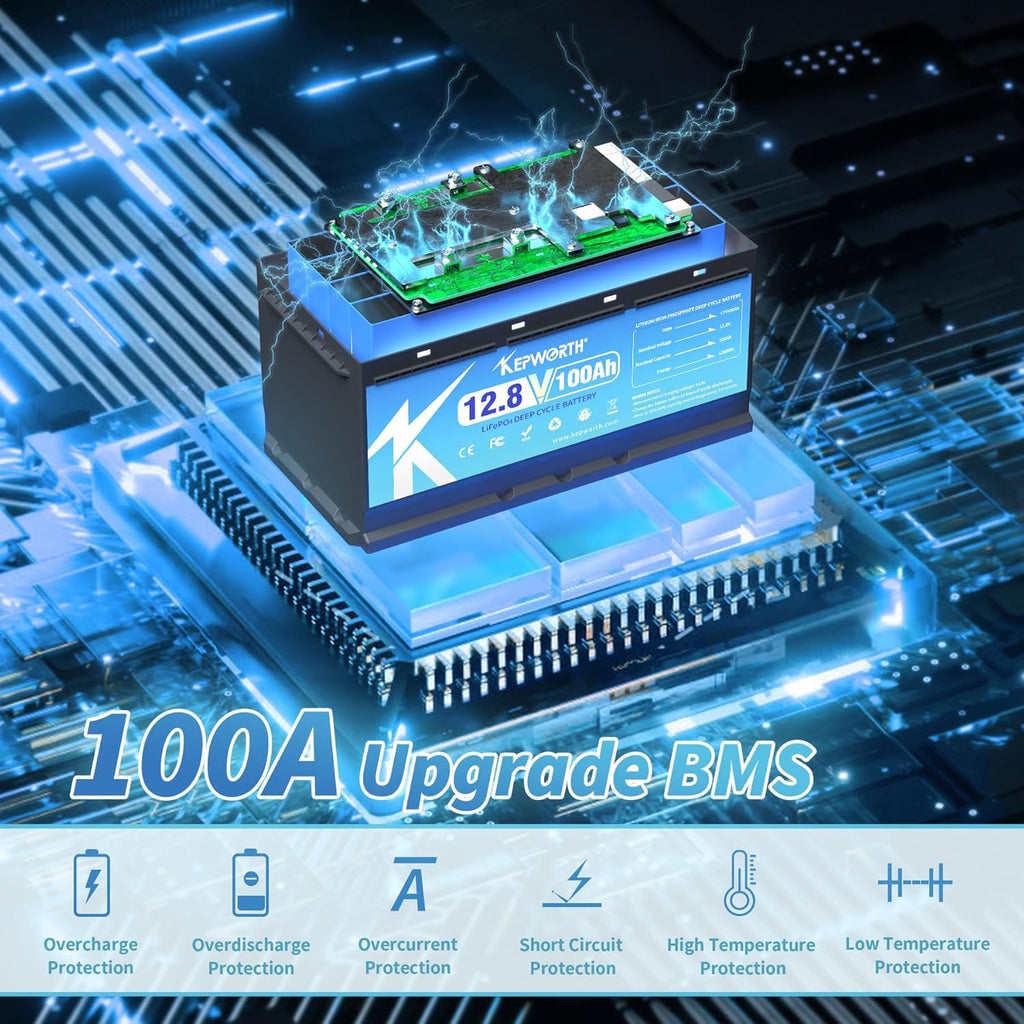 12V LiFePO4 Battery 100Ah with 100A BMS for RV, Marine, Solar E4980