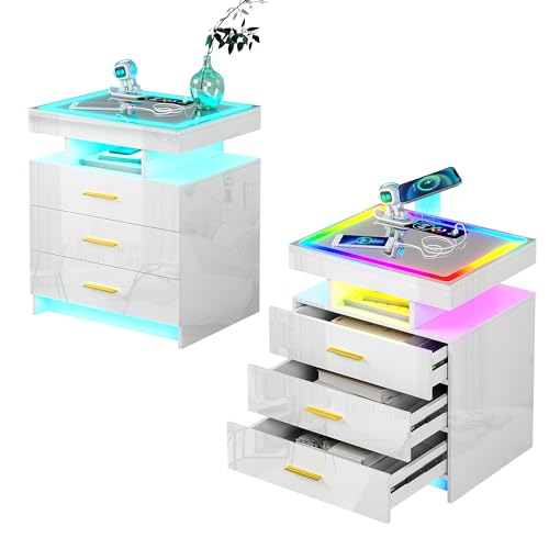 HNEBC LED Nightstand with Wireless Charging Station, 3 Drawers, Black S73582