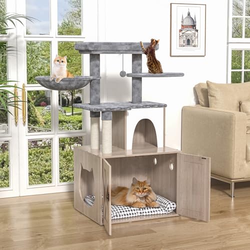 Litter Box Enclosure with Cat Tree and Scratching Post, Grey F704146