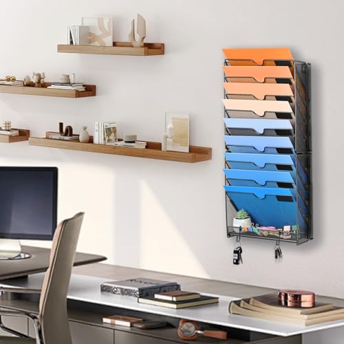 Wall File Organizer 10 Pocket Mesh Hanging Holder with Hooks, Black T910