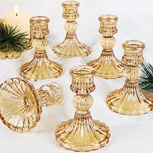 Taper Candle Holder Set of 6, Glass Candlestick Holders Gold, Vintage Candlestick Holders for Baby Shower Decor, Fall Table Decorations, Wedding Decorations, Christmas