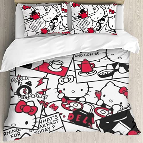 DIEZ Kawaii Bedding Set for Girls, Wink Hello Cat Kitty Printed Bed Set, Cartoon Kitty Quilt Cover, Full Comforter Cover, Girls Teens Bedclothes Set with Zipper and 2 Pillowcase, No Comfoerter