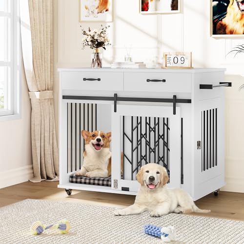 YITAHOME Dog Kennel Furniture for 2 Dogs, 39 inch Double Dog Crate with Storage Drawers, Brown L4904