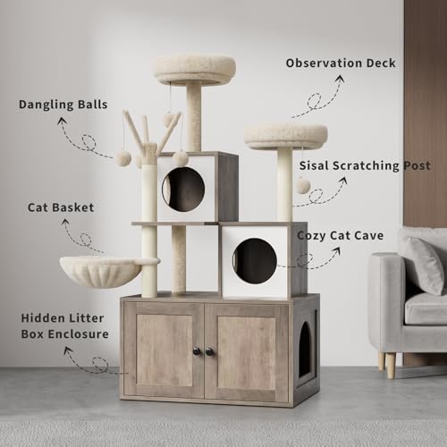 57.5-Inch Cat Tree with Litter Box Enclosure, Oak Brown D61275