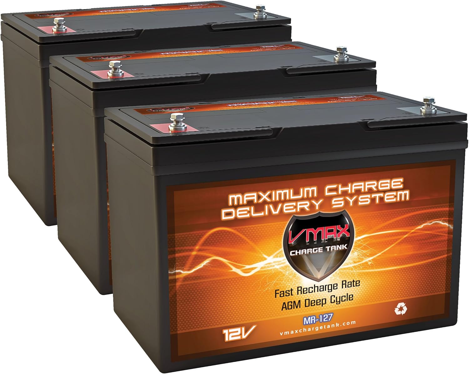 QTY3 VMAX MR127-100 12V 100AH AGM Deep Cycle Group 27 Batteries compatible with 36v 110 Pound 110lb Thrust Trolling Motors