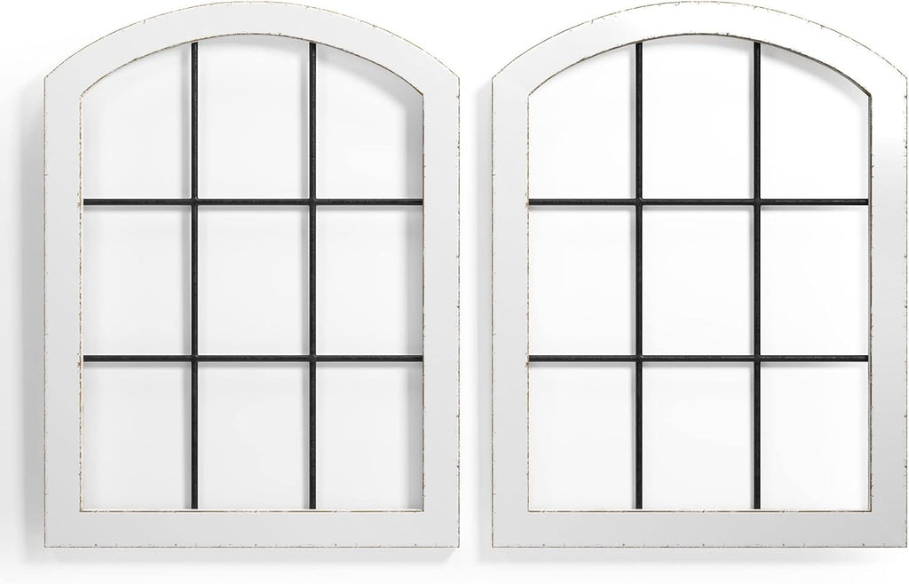 Barnyard Designs 15.75x20.5 Rustic Wood and Metal Farmhouse Window Frame Wall Decor, Wooden Cathedral Window Pane Arch Wall Décor, White (2)