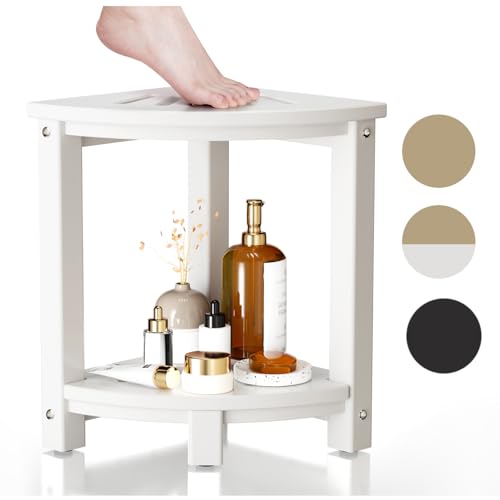 Corner Shower Stool for Inside Shower, HDPE Waterproof Shower Bench Seat, Sturdy Bath Shower Foot Stool for Shaving Legs with Storage Shelf, White