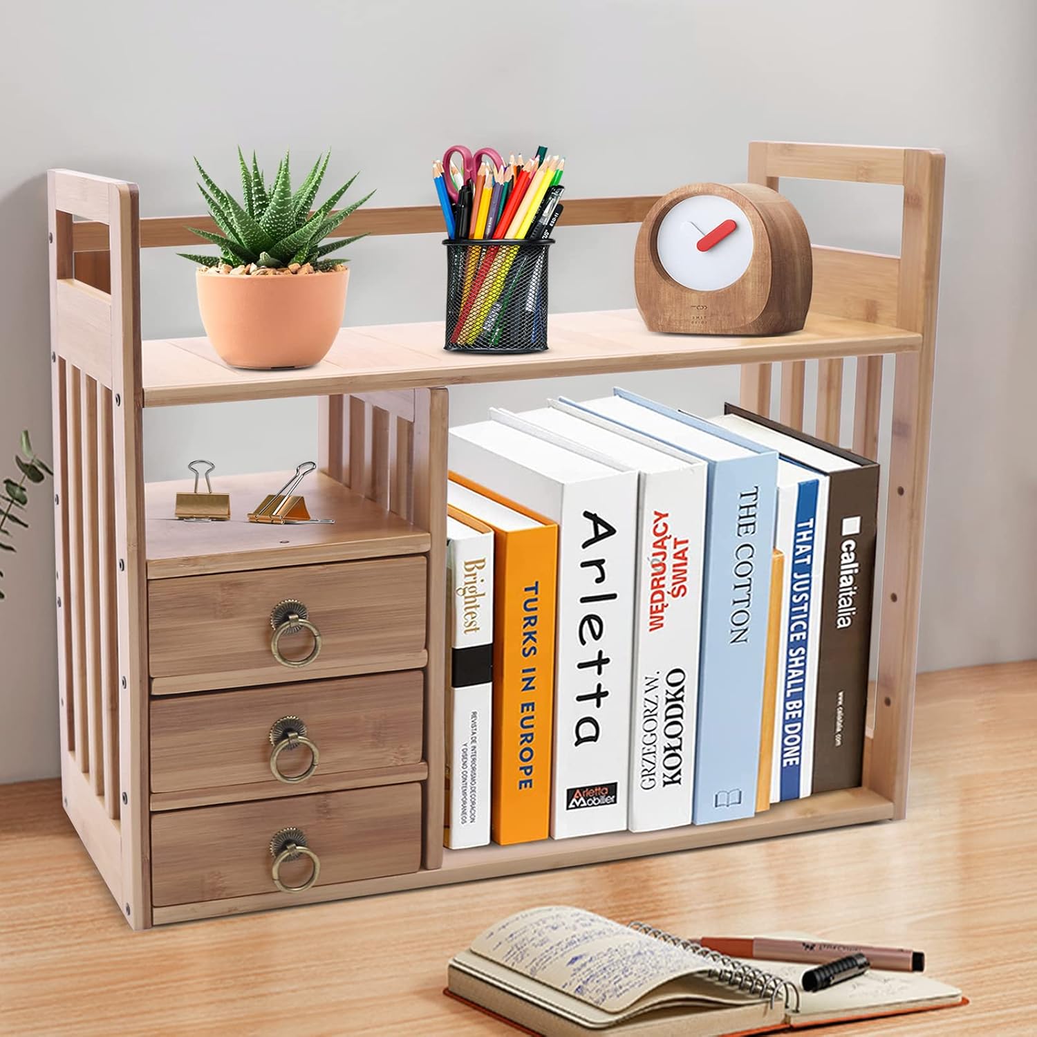 Bamboo Desk Shelf Organizer with 3 Drawers, Natural V13178